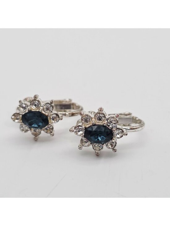 Unbranded Jewelry - Vintage Silver-Tone Clip-On Earrings With Blue & Clear Rhinestones Floral Design